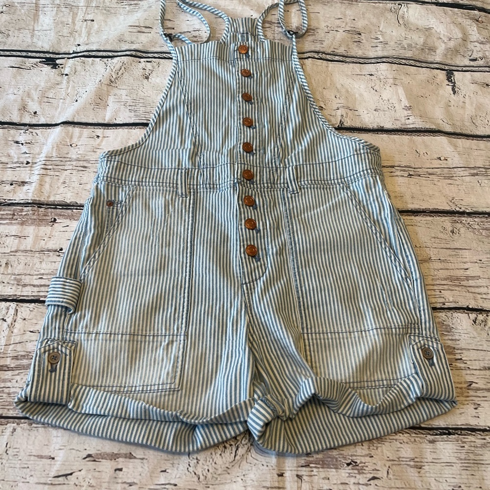 Anthro Pilcro Railroad Striped Button Front Everyday Short Overalls Sz 29 - Picture 10 of 11